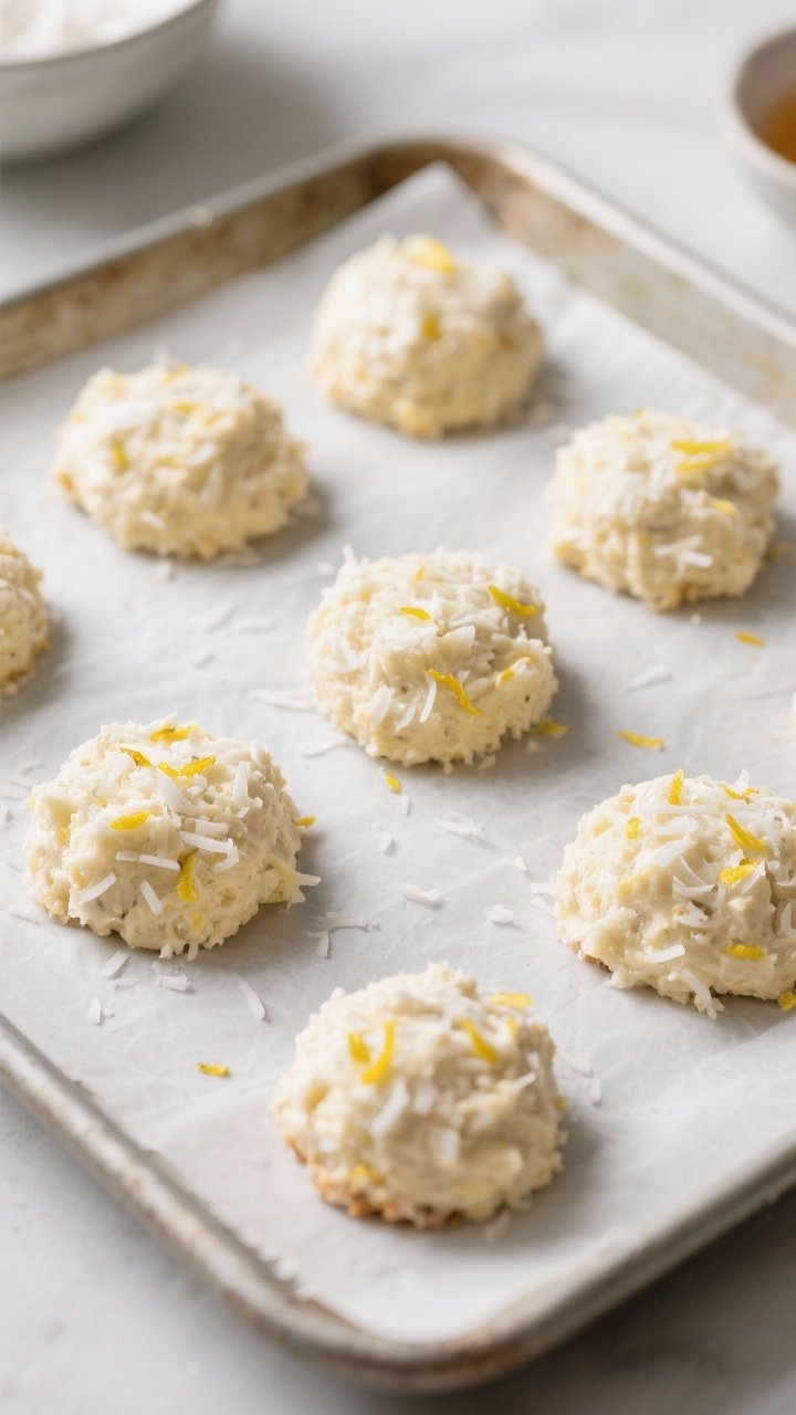 5-inch macaroon mounds being shaped on a parchment-lined baking sheet, spaced evenly 2 inches apart;