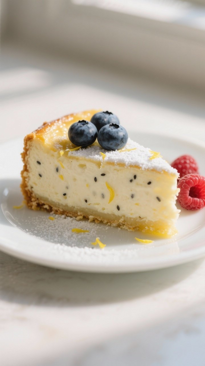Close-up detail: A just-baked lemon ricotta cake slice on a small white plate, focus on the plush, c