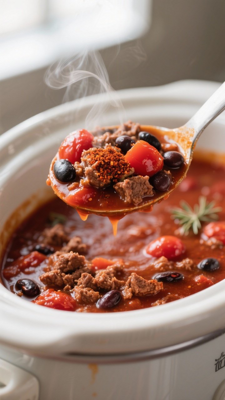 Close-up detail: A ladle lifting slow-cooked crockpot chili mid-simmer, showcasing glossy fire-roast