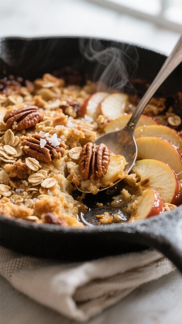 Close-up detail: A spoon breaking into a warm, baked apple crisp in a deep 10-inch skillet, revealin