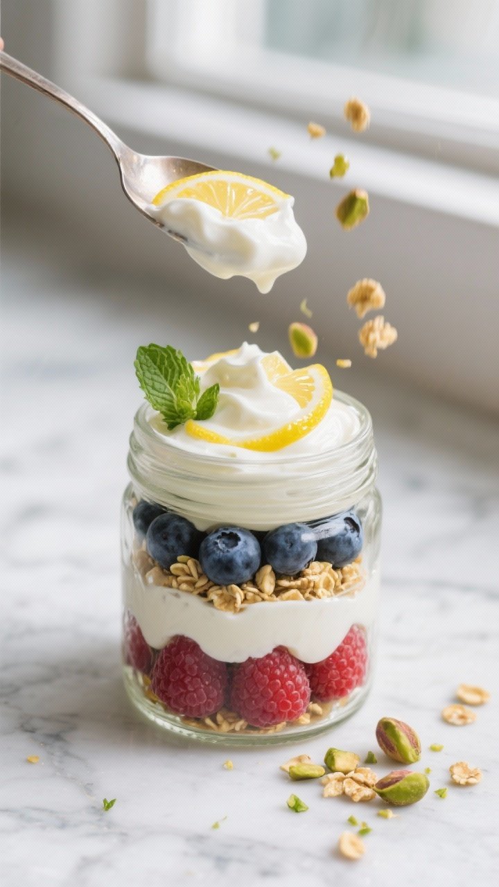 Close-up detail: A spoonful of silky lemon yogurt parfait being layered into a clear glass jar—thi