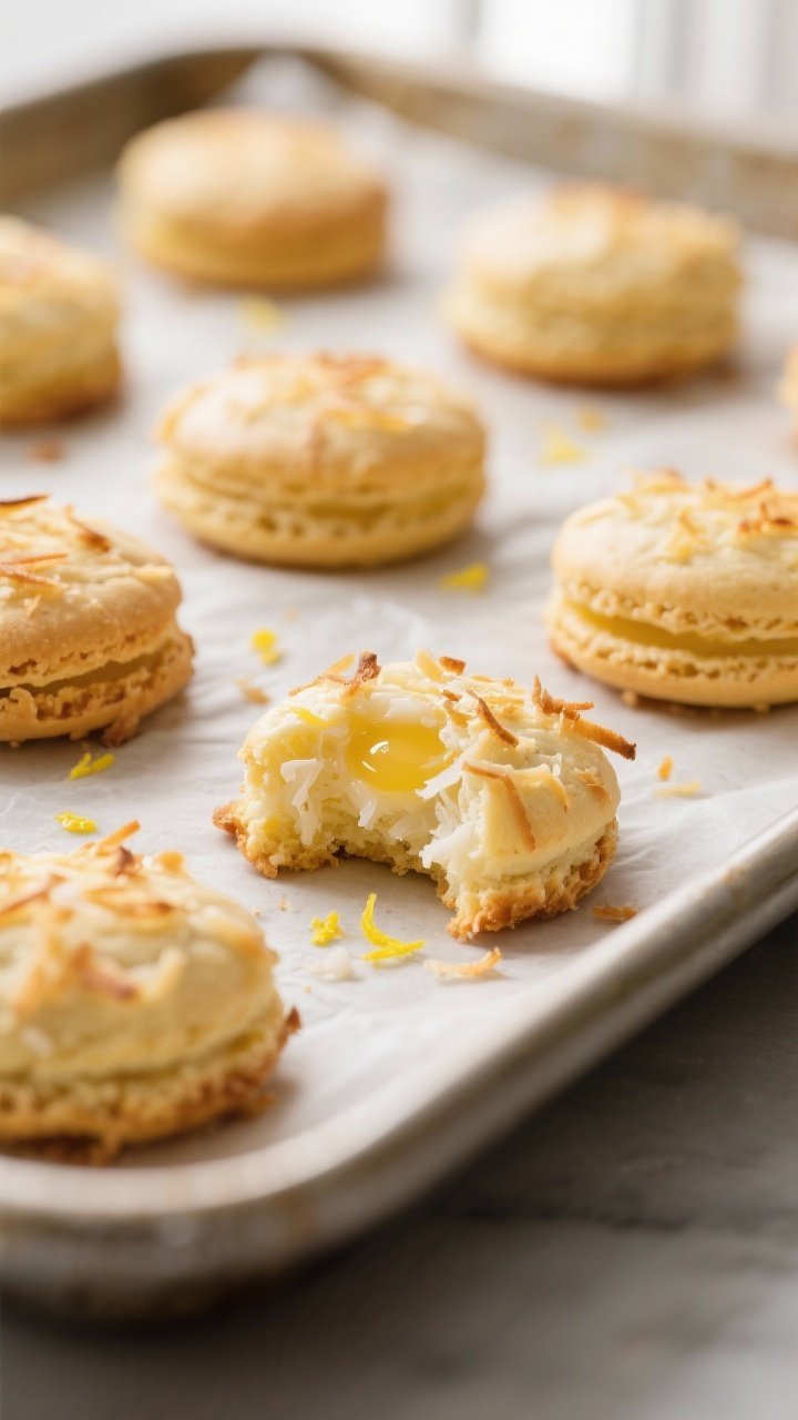 Close-up detail: A tray of freshly baked lemon coconut macaroons just out of the oven, edges golden 