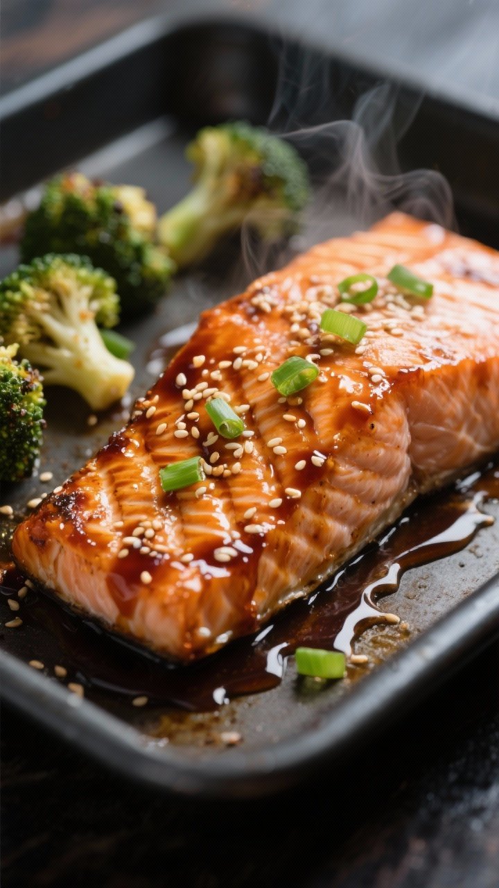 Close-up detail: Caramelized teriyaki-glazed salmon just out of the oven, glossy sauce clinging to f