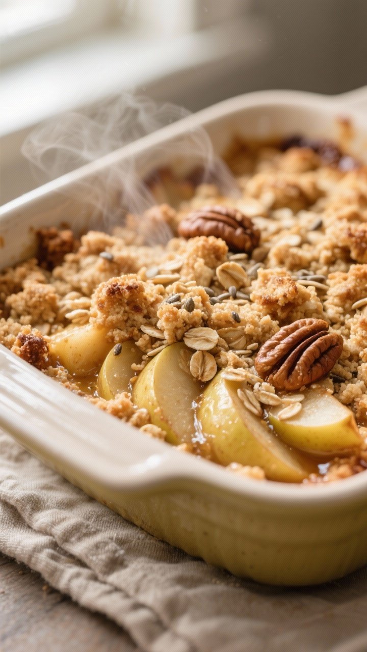 Close-up detail: Golden-brown healthy apple crumble fresh from the oven with a deeply crisped oat–
