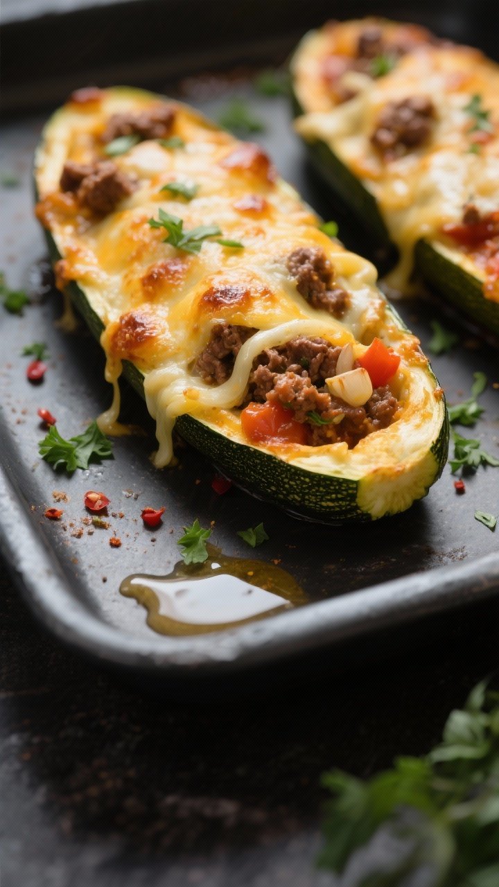 Close-up detail: Golden, bubbling beef-and-cheese stuffed zucchini boats just out of the oven, chees