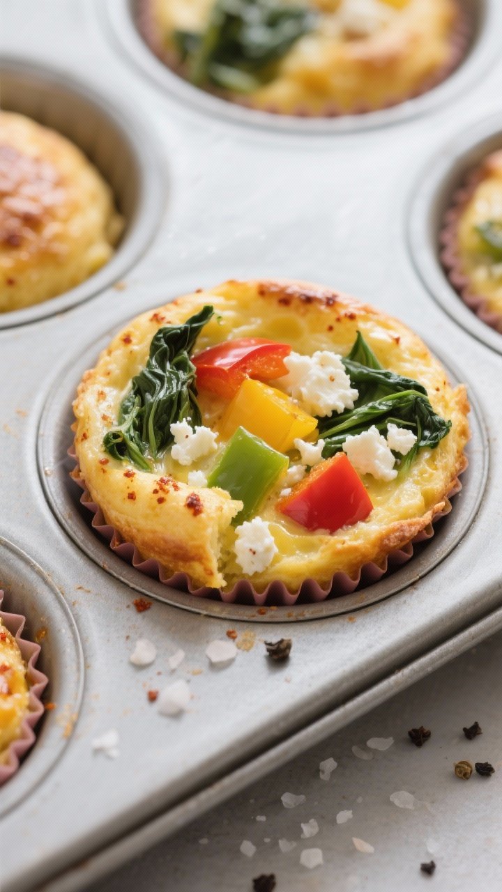 Close-up detail: Golden, just-baked veggie egg muffins still in a silicone-lined muffin tin, centers