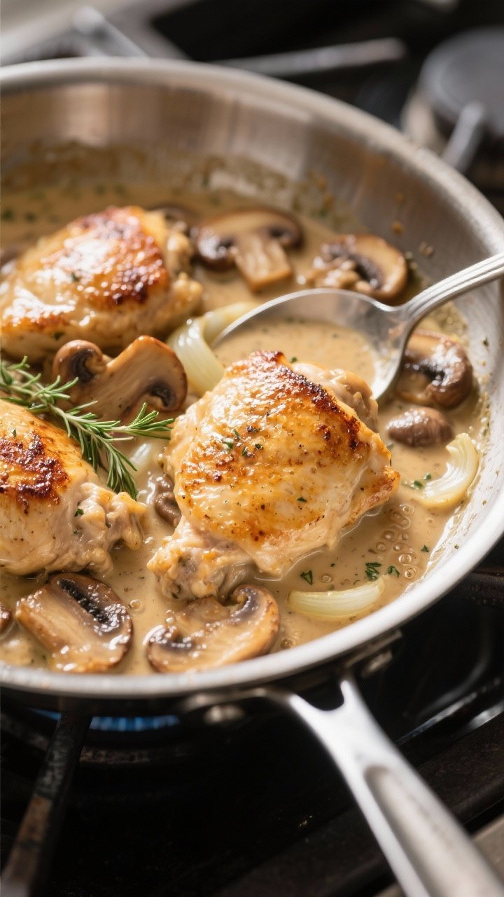 Close-up detail: Golden-seared boneless skinless chicken thighs nestled in a glossy creamy mushroom 