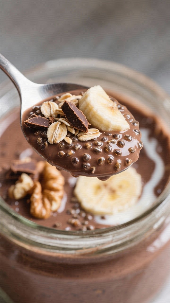 Close-up detail of spoonful lift from the jar showing the pudding-like structure: chia gel pearls su