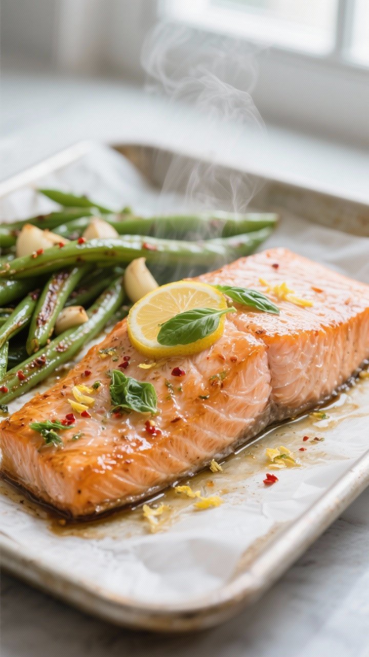 Close-up detail: Roasted lemon-basil salmon just out of the oven on a parchment-lined sheet pan, ski