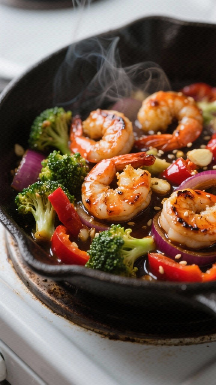 Close-up detail: Sear-kissed shrimp in a glossy chili-garlic soy glaze sizzling in a skillet, nestle
