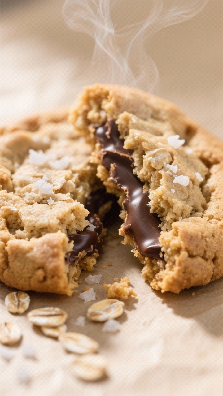 Close-up detail shot: A just-baked peanut butter oatmeal cookie broken in half, showing gooey dark c