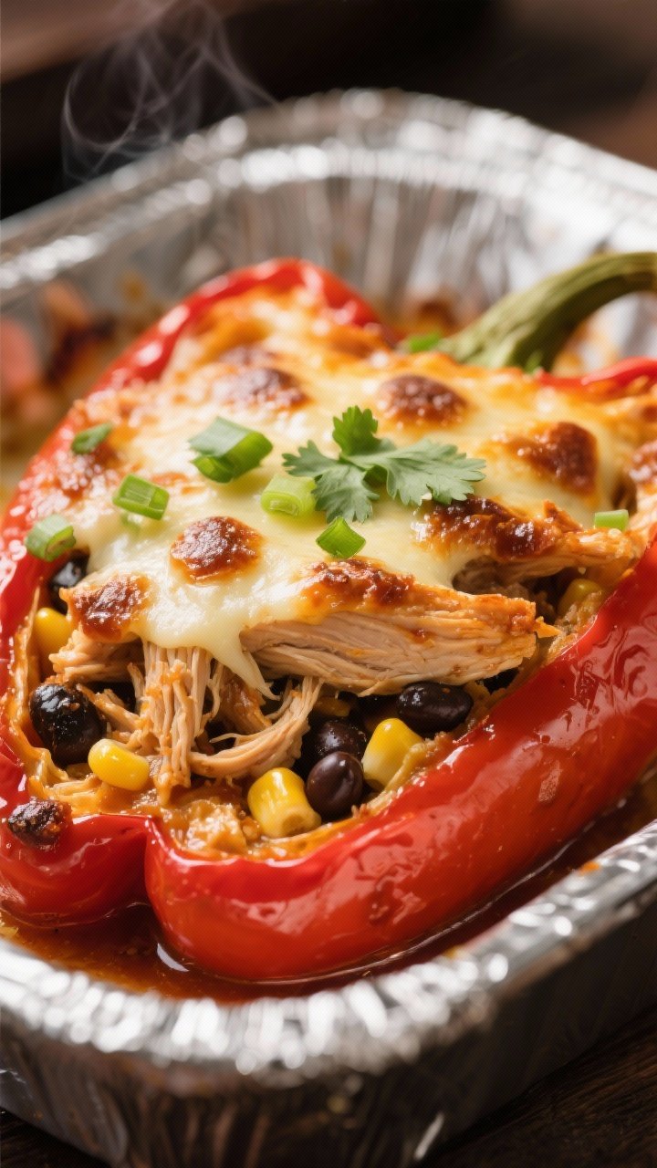 Close-up detail shot: BBQ chicken stuffed pepper just out of the oven, cheese melted and bubbling wi