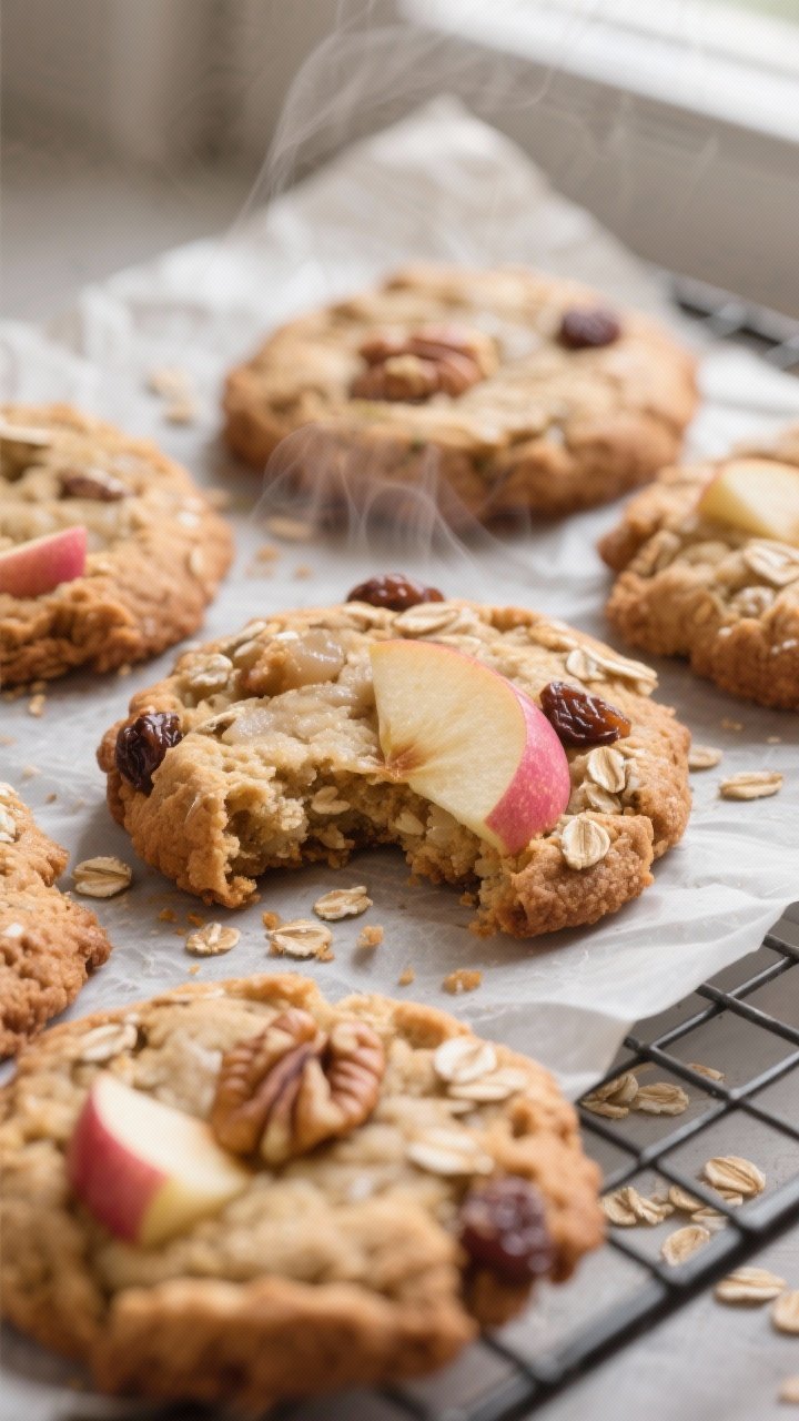 Close-up detail shot: Freshly baked apple oatmeal cookies cooling on a wire rack, edges crisp and li