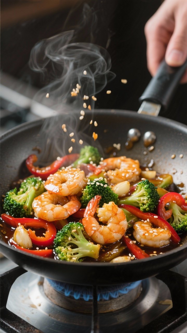 Close-up detail shot: Glossy, garlicky shrimp and broccoli stir fry mid-toss in a carbon-steel skill