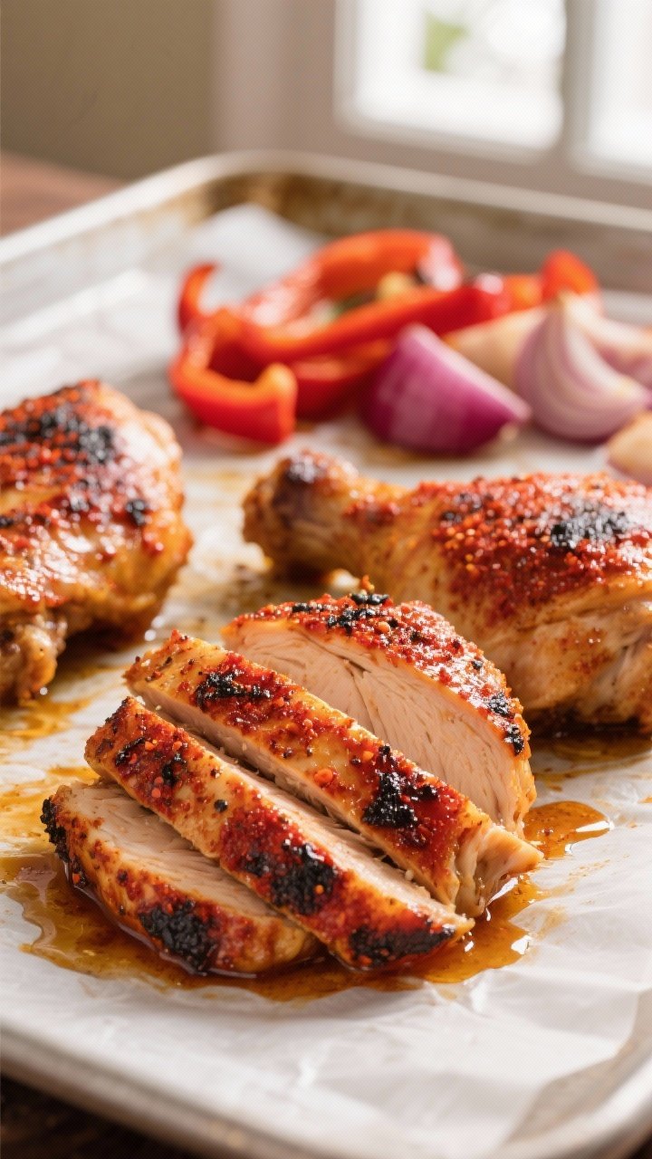 Close-up detail shot: Sliced Cajun-spiced chicken thighs just out of the oven, edges lightly charred