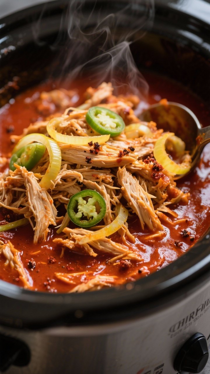 Close-up detail: Shredded chipotle-lime chicken just returned to the slow cooker, glistening and soa