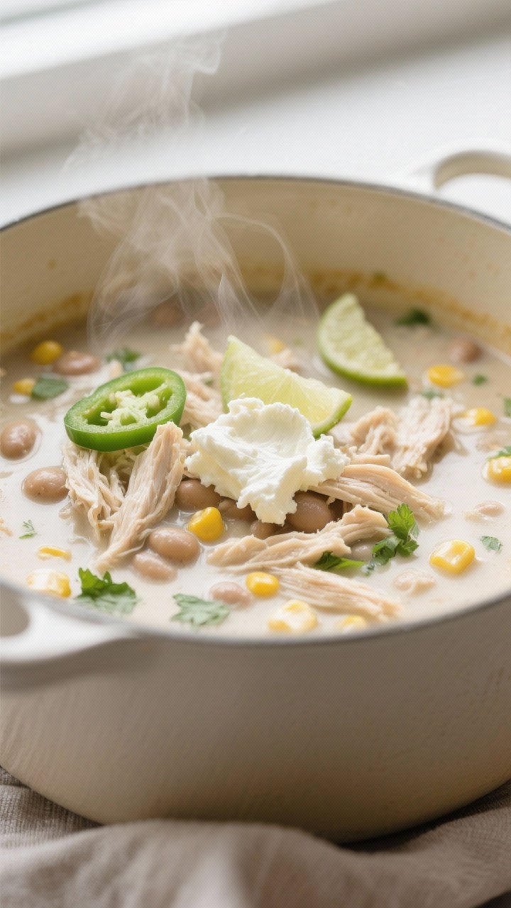 Close-up detail: Silky white chicken chili just after stirring in cream cheese and lime, showing ten