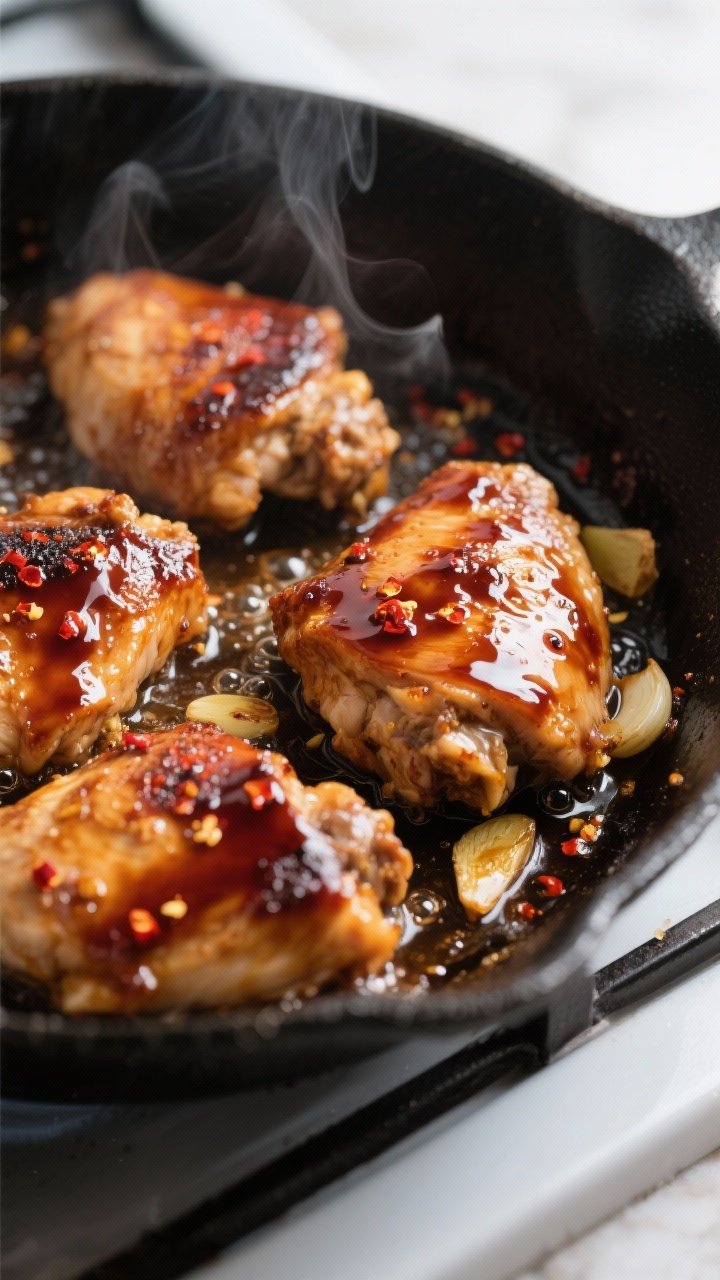 Close-up detail: Sizzling boneless skinless chicken thighs in a large skillet mid-glaze, deep mahoga