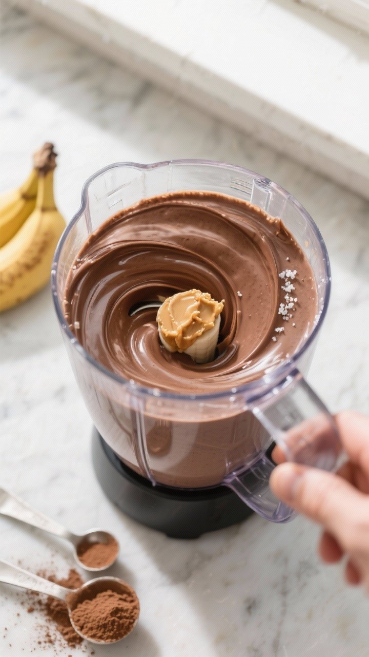 Cooking process – chocolate banana smoothie mid-blend: Overhead shot of a clear high-speed blender