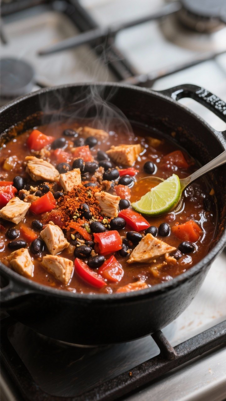 Cooking process, close-up: Close-up of chicken and black bean chili simmering uncovered in a matte b