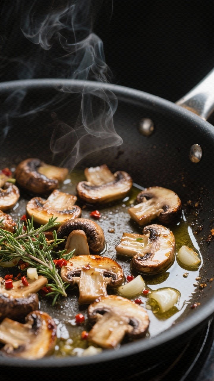 Cooking process, close-up detail: Searing sliced cremini and shiitake mushrooms in a large stainless