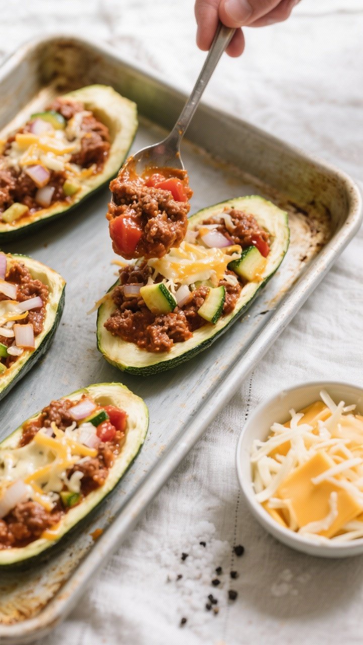 Cooking process: Overhead shot of par-baked zucchini shells being filled on a lightly oiled baking d