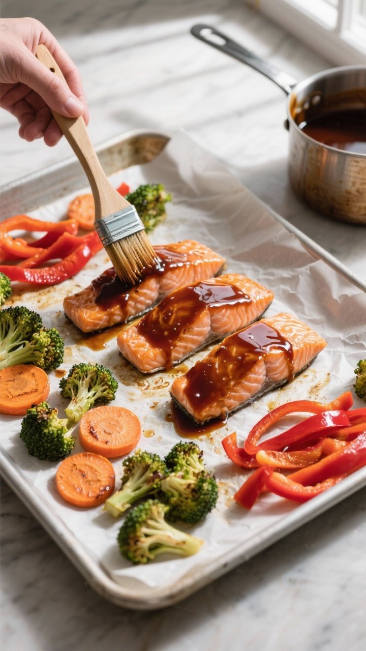Cooking process: Overhead shot of salmon portions on a parchment-lined sheet pan at 425°F, being br