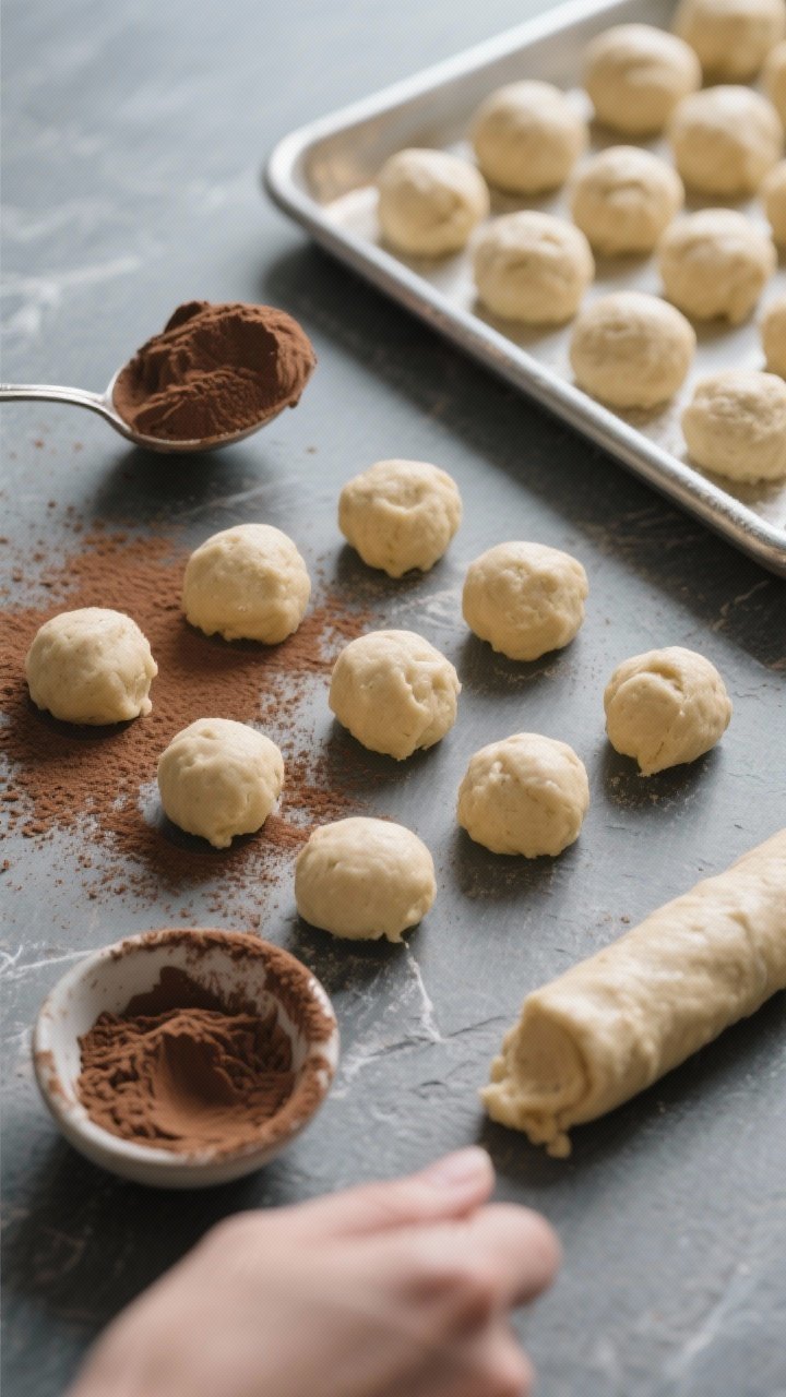 Cooking process: Overhead shot of tablespoon-sized portions of the dough being rolled into smooth bi