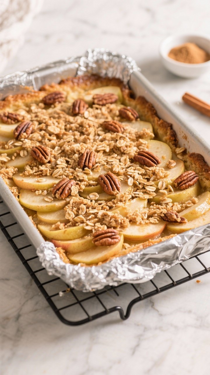 Cooking process: Overhead shot of the apple layer just baked and resting on a rack in a 9x13 dish, t