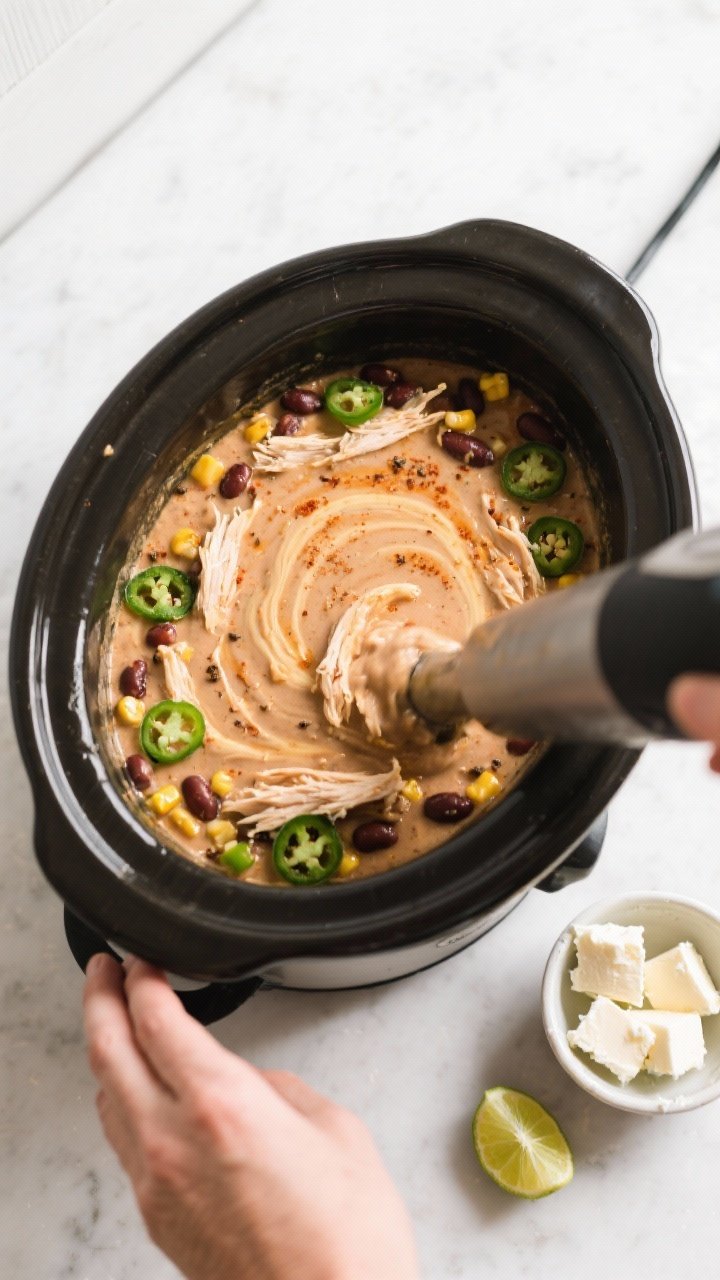Cooking process: Overhead shot of the crockpot mid-finish, shredded chicken returned to the creamy c