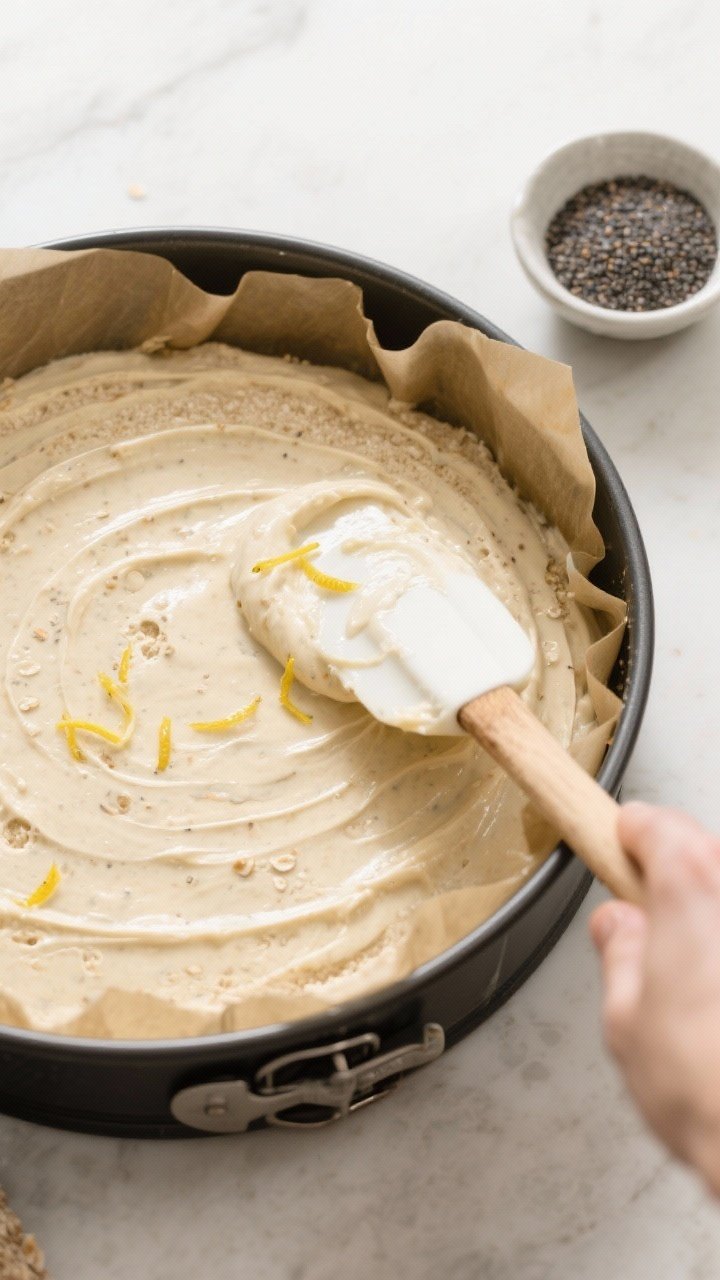 Cooking process: Overhead shot of thick, spreadable batter being smoothed in a parchment-lined 9-inc
