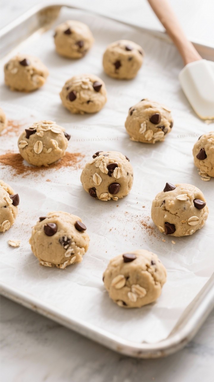 Cooking process shot: Overhead view of portioned cookie dough balls on a parchment-lined baking shee