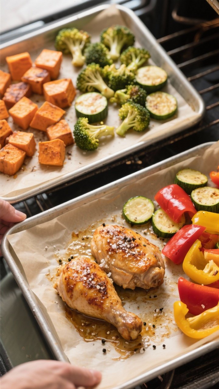 Cooking process shot: Overhead view of two parchment-lined sheet pans mid-roast at the “add the ch
