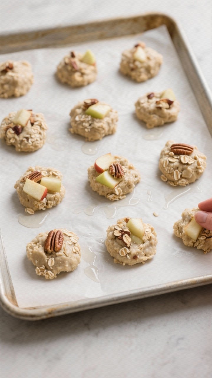 Cooking process shot: Scooped and gently flattened portions of chilled apple-oatmeal cookie dough ar