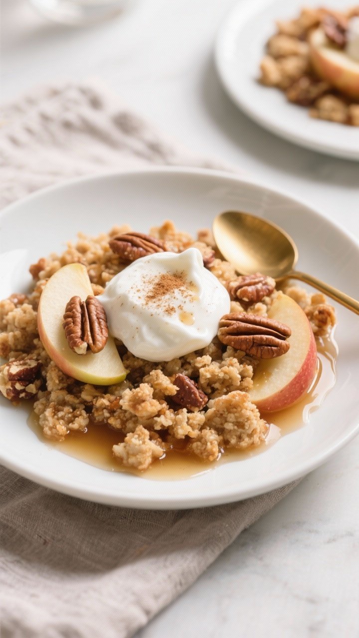 Final dish presentation: Beautifully plated serving of Healthy Apple Crisp in a shallow white bowl, 
