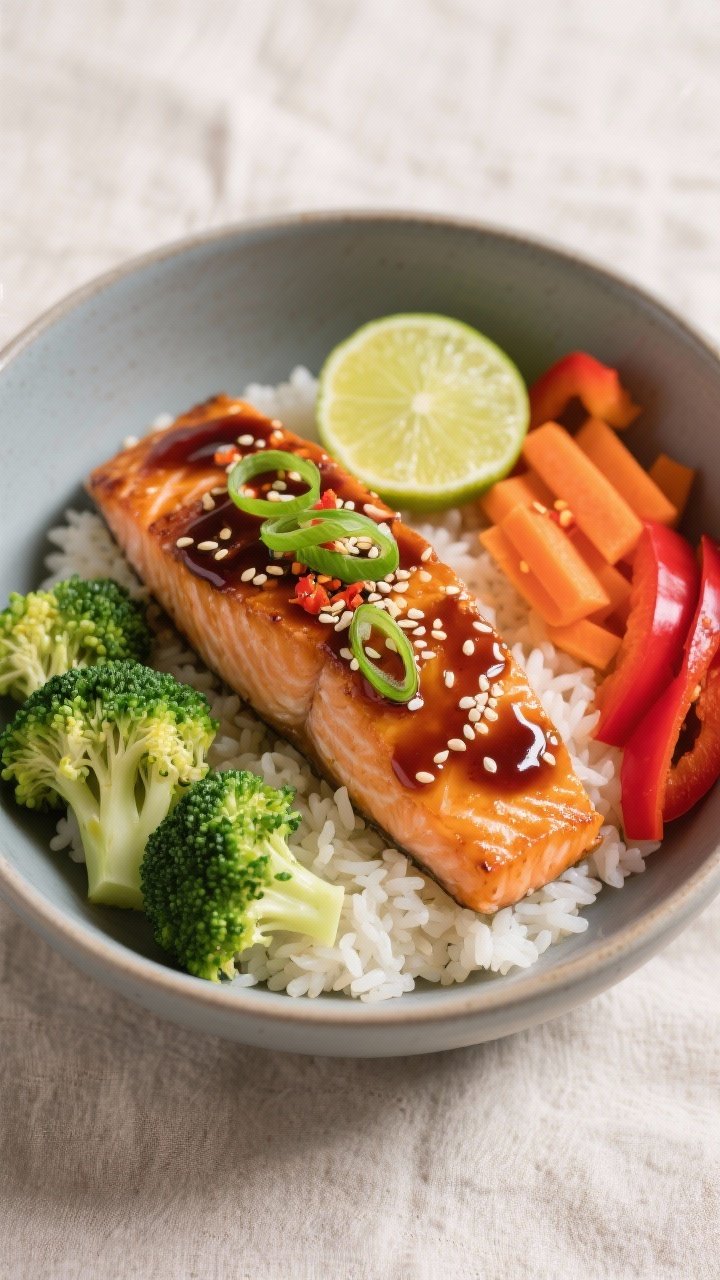 Final dish presentation: Beautifully plated teriyaki salmon meal prep bowl—fluffy jasmine rice bas