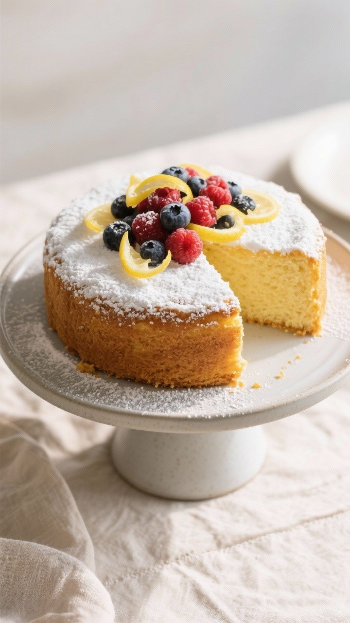 Final dish presentation: Beautifully plated whole lemon ricotta cake on a matte ceramic cake stand, 