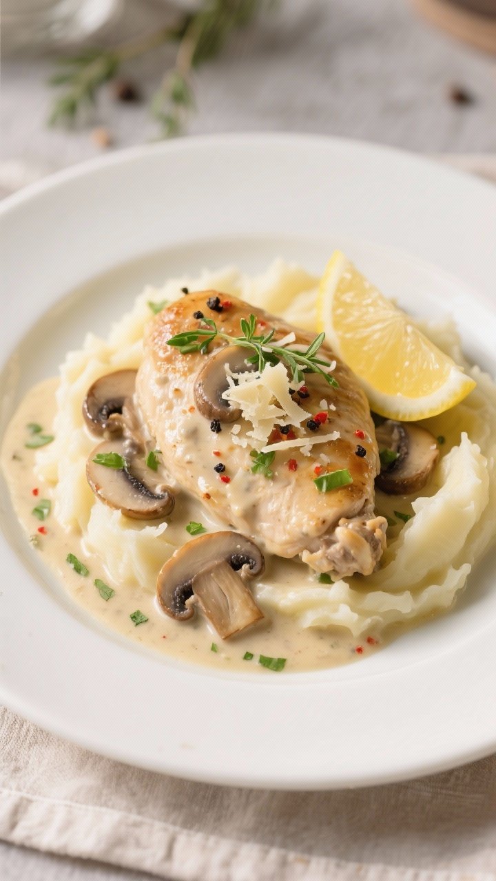 Final dish presentation: Creamy Mushroom Boneless Skinless Chicken Thighs elegantly plated over butt