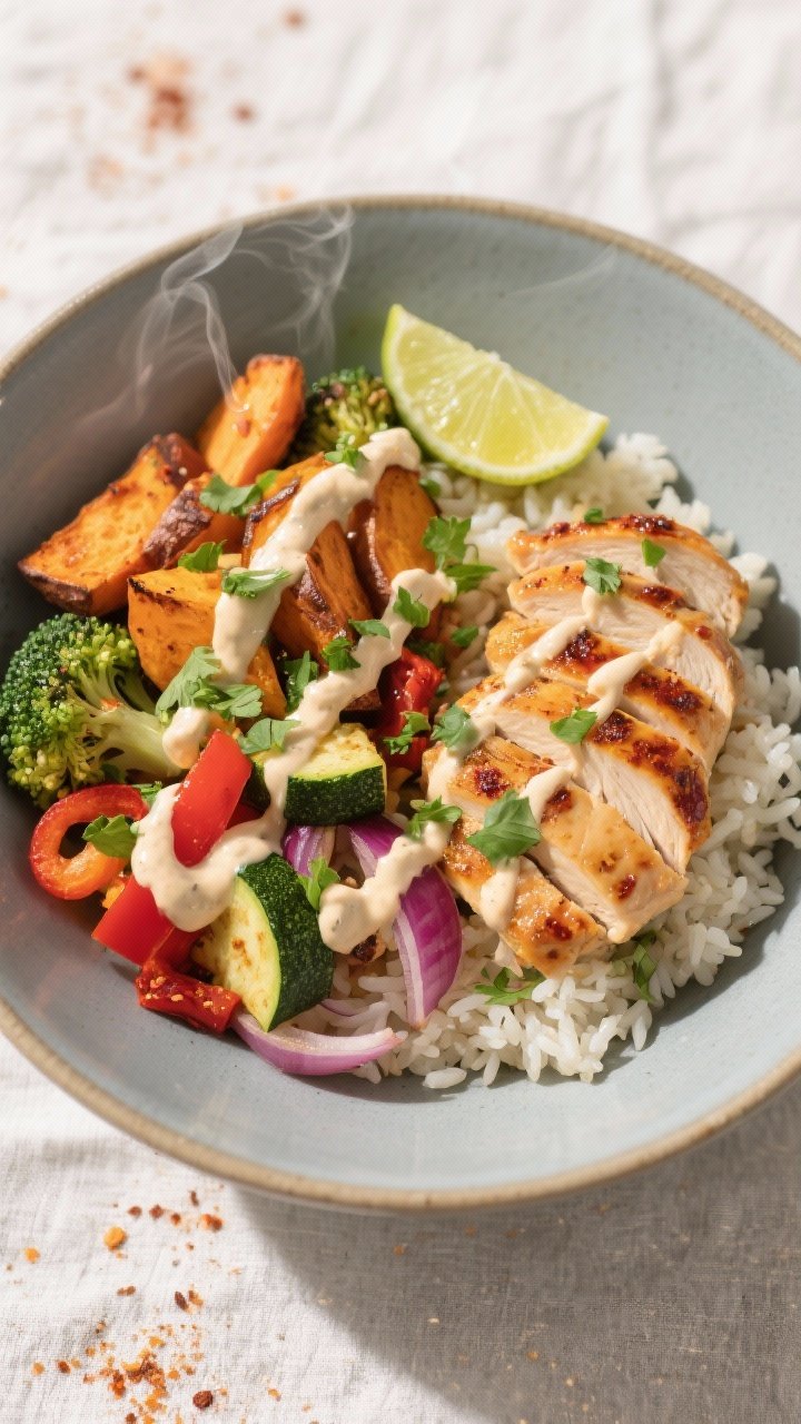 Final dish presentation: Restaurant-quality bowl build of Cajun Chicken and Roasted Veggie Bowl on w