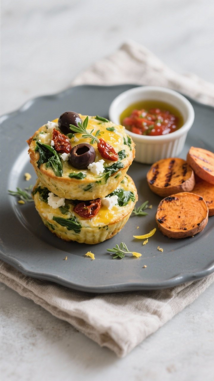 Final dish presentation: Restaurant-quality plate of two veggie egg muffins (Mediterranean style: sp