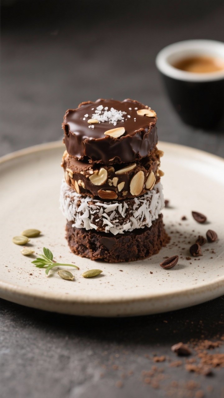 Final dish presentation: Restaurant-quality plate of assorted Healthy Date Brownie Bites—Mocha (da