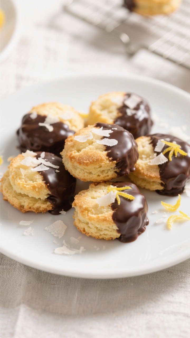 Final dish presentation: Restaurant-quality plate of cooled lemon coconut macaroons, half drizzled a