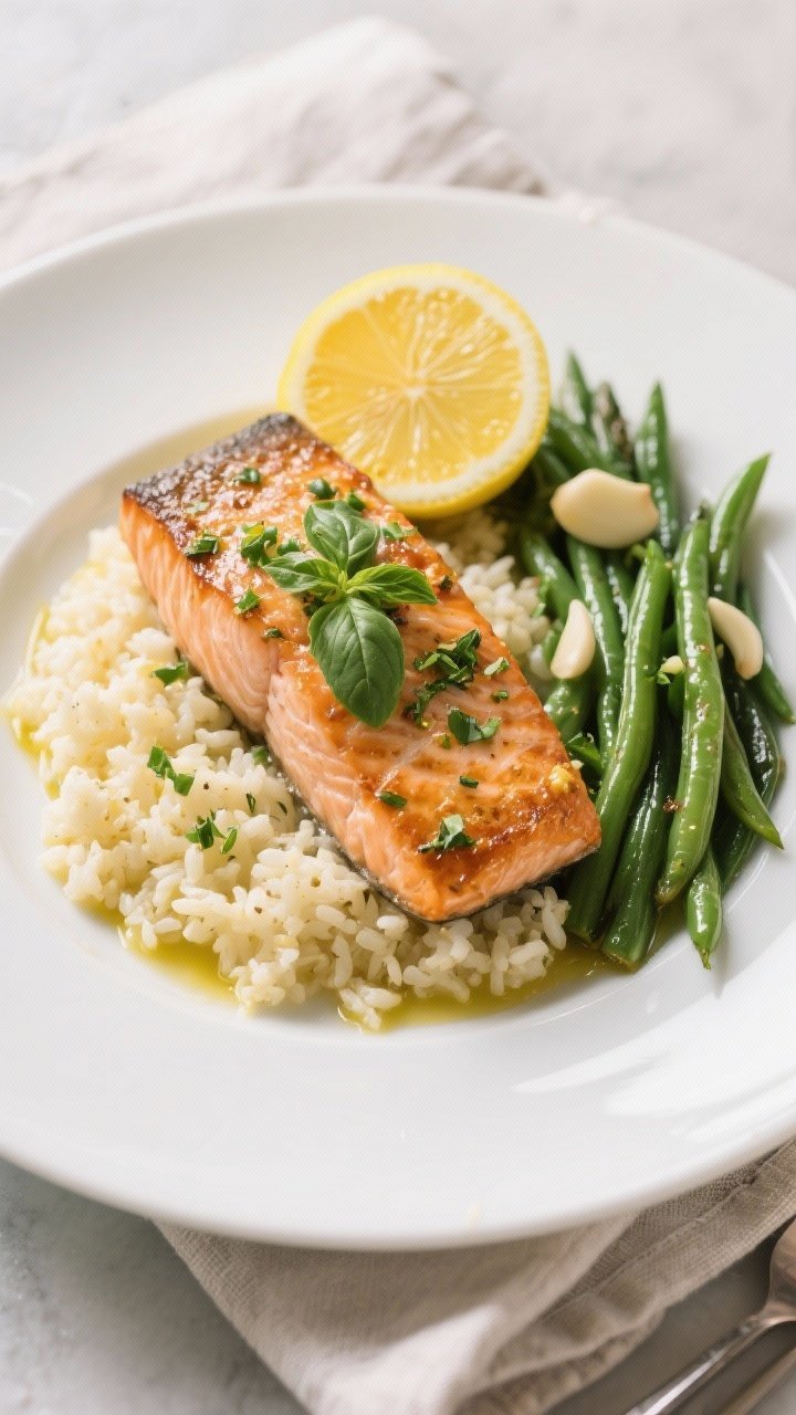 Final dish presentation: Restaurant-quality plated lemon basil salmon on a wide white plate, perched