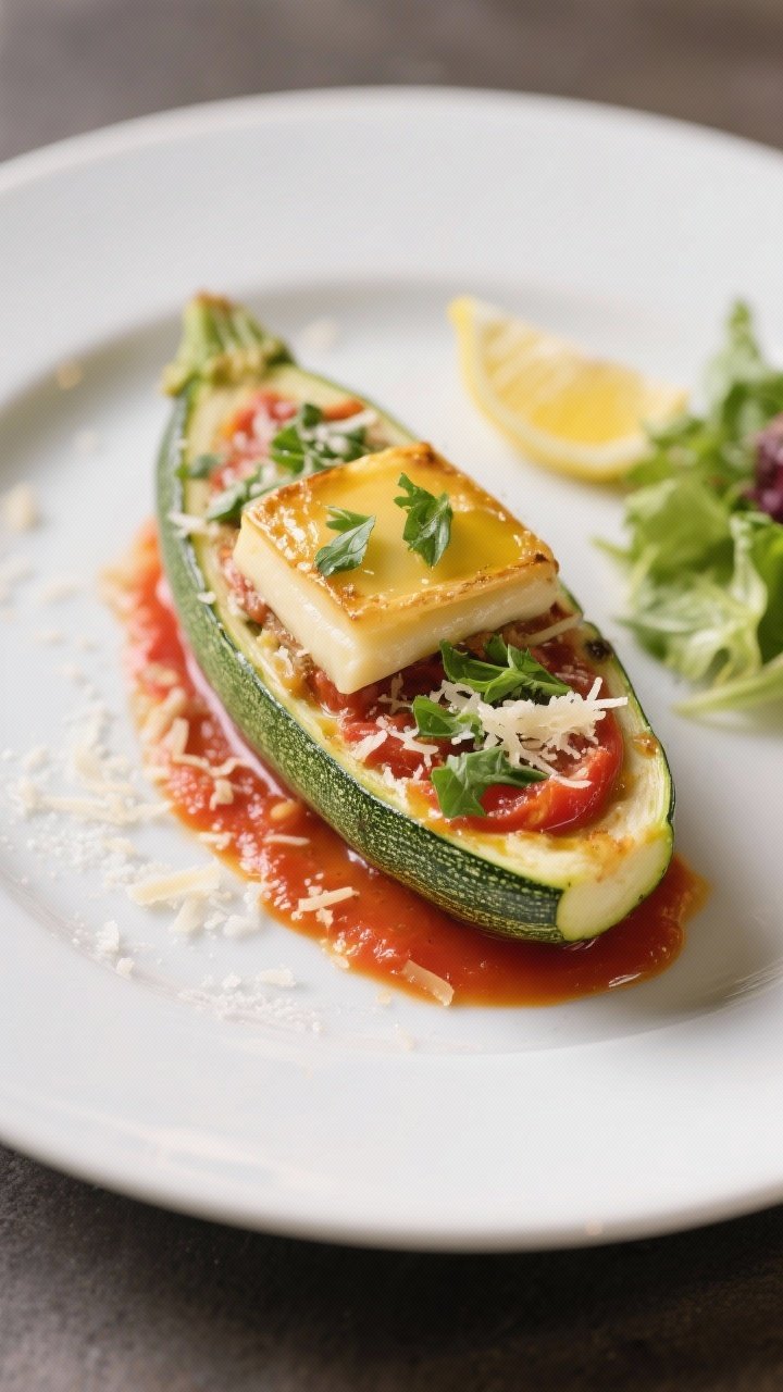 Final dish presentation: Restaurant-quality plated zucchini boat on a matte white plate, crowned wit