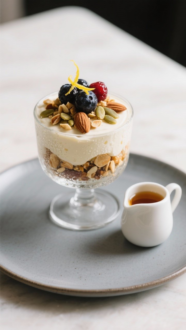 Final dish presentation: Restaurant-quality plated parfait in a stemless wine glass on a matte ceram