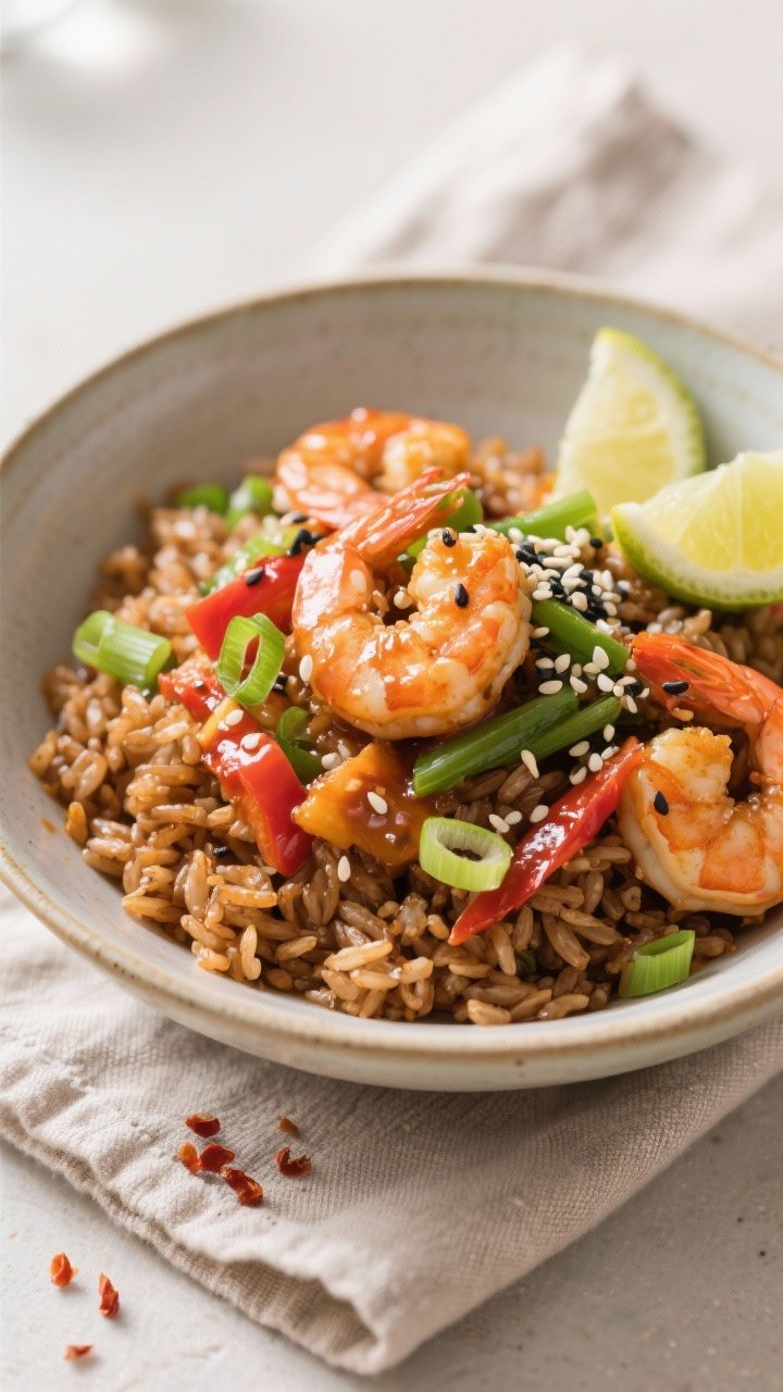 Final dish presentation: Spicy Shrimp and Brown Rice Bowl plated in a wide, shallow ceramic bowl—n