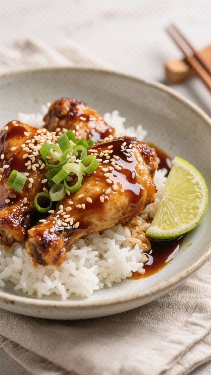 Final dish presentation: Sticky Soy Glazed Chicken Thighs plated over fluffy white rice in a wide, s
