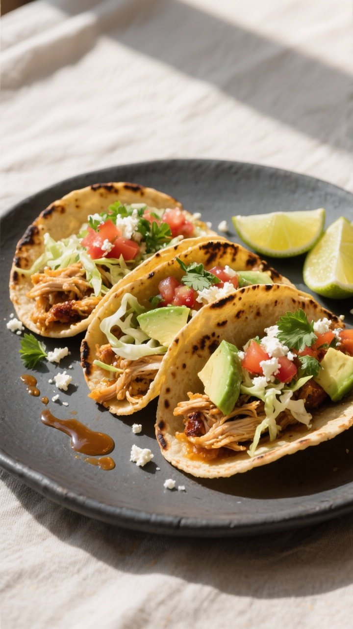 Final dish presentation: Street-style tacos filled with the chipotle-lime shredded chicken on warm c