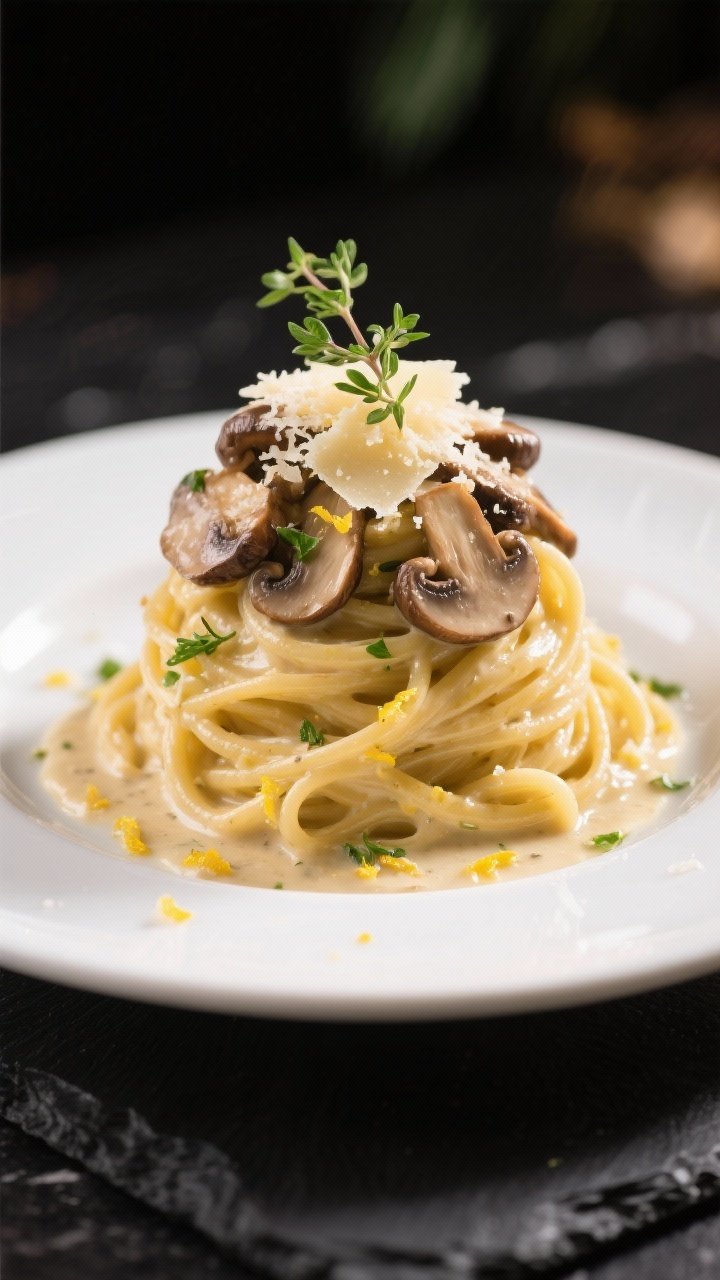 Final dish, restaurant-quality plating: Beautifully plated creamy mushroom pasta twirled into a high