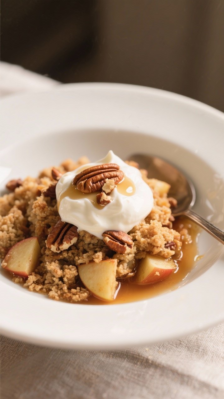 Final plated dish: Restaurant-quality presentation of a warm serving of healthy apple crumble in a s